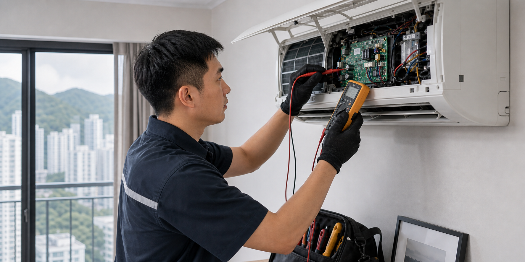 技師檢查分體式冷氣室內機故障