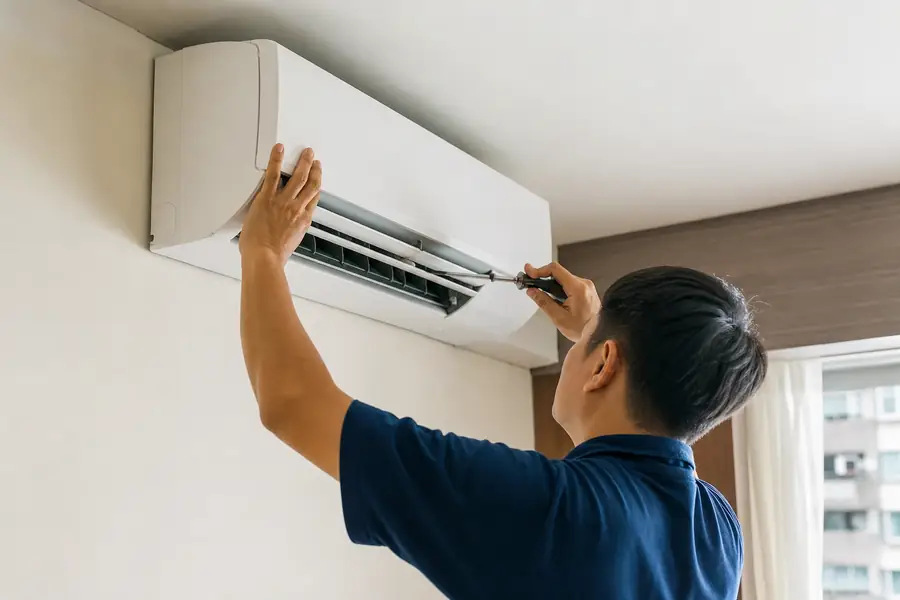 師傅在住宅單位新裝分體式冷氣室內機